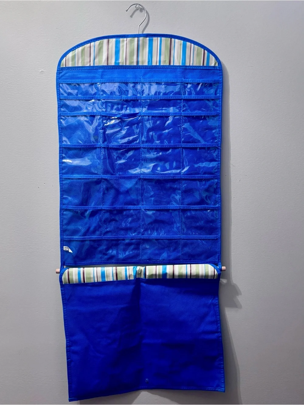 Jewelry Organizer Blue Hanging with Storage Pocket with Striped Accent